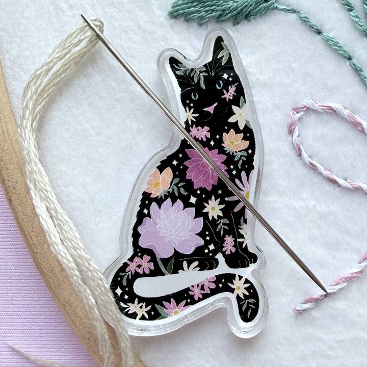 Lavender Floral Black Cat Needle Minder for wholesale by Artsy Lyons