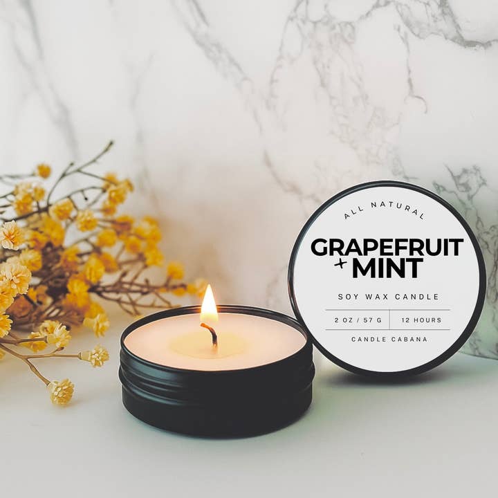 Grapefruit + Mint 2 oz Travel Tin Candle – 100% Natural Soy for wholesale by Candle Cabana