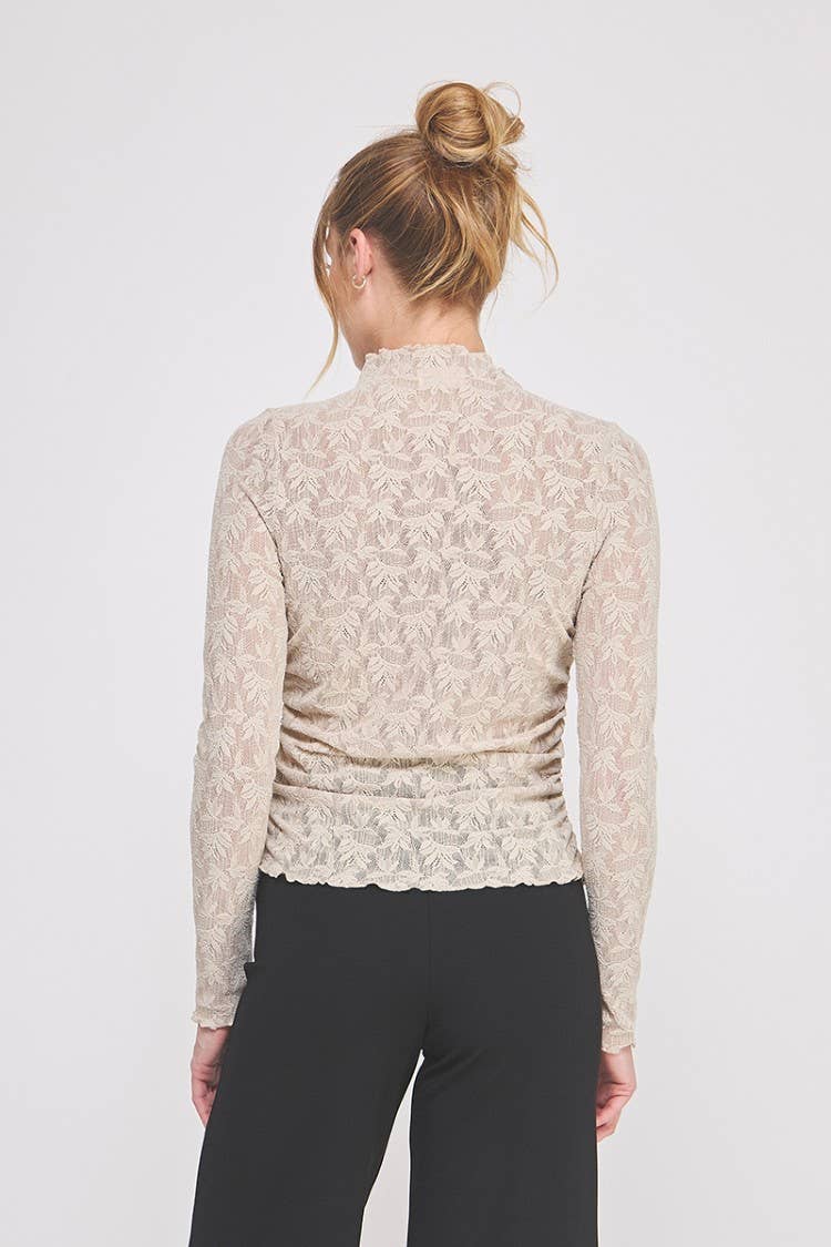 Beige français Haut en maille jacquard dentelle asymétrique froncé à col montant avec mini en vente sur Faire2