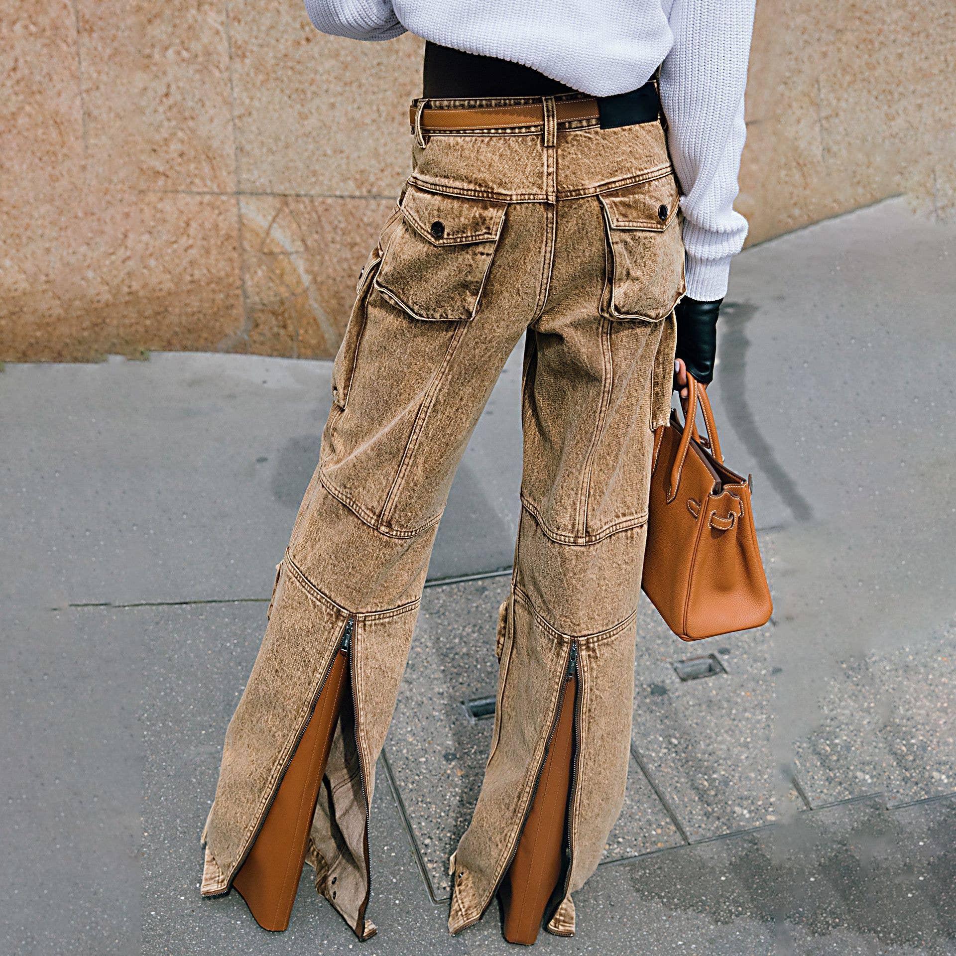 Brown Pocket patchwork jeans straight high waist vintage zipper  for wholesale on Faire10