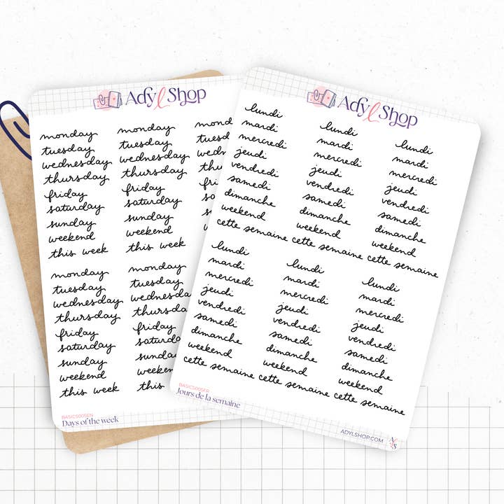 Folha de autocolantes "Dias da semana" escrita cursiva por atacado de AdyLShop