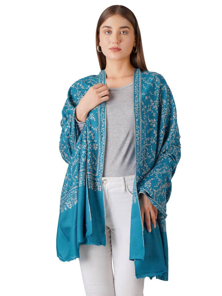 Beautiful Teal Green Pashmina Shawl with Leaf Embroidery - Luxurious Feel for wholesale by PASHWRAP