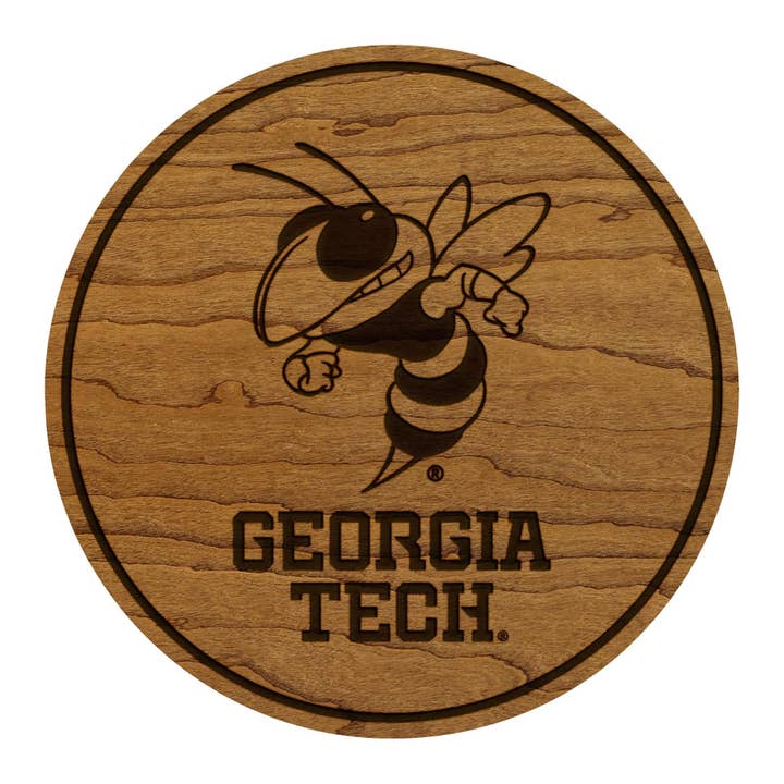 Dessous de verre Georgia Tech Buzz et Wordmark – Fabriqué en bois de cerisier ou d'érable – Georgia Tech Yellow Jackets pour la vente par LazerEdge