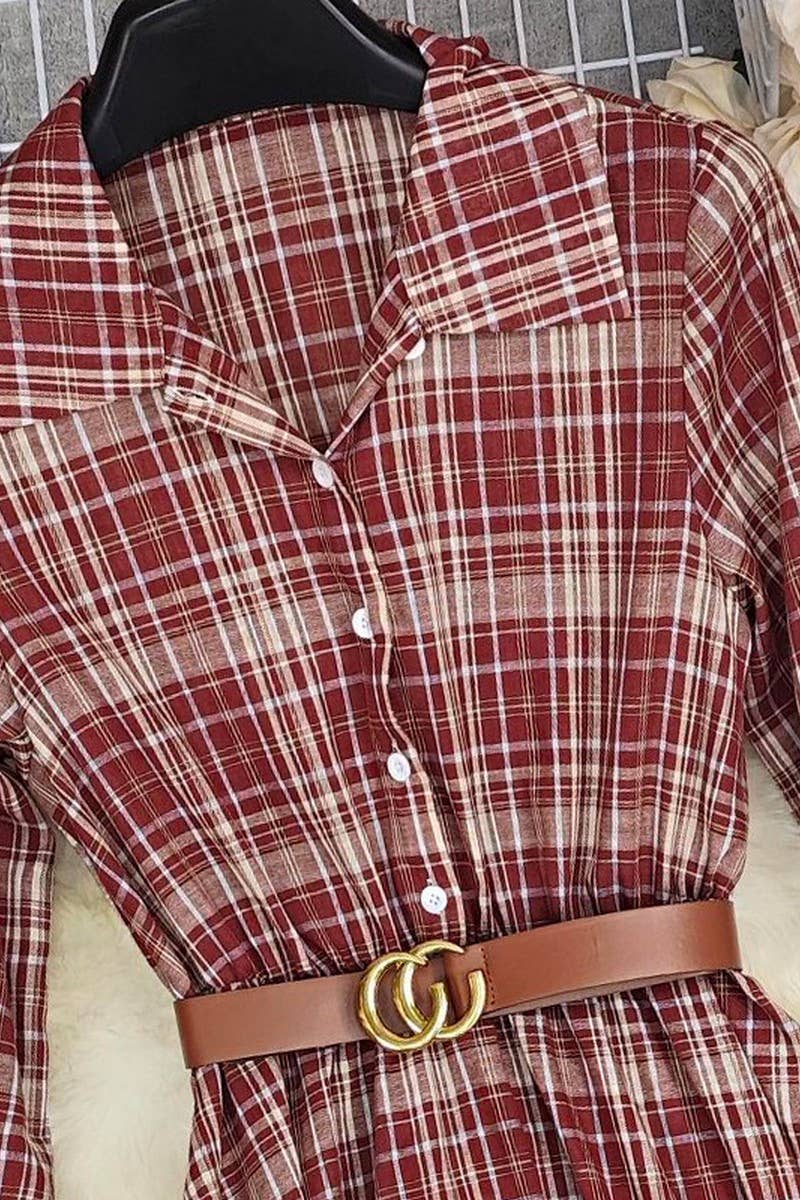 RED CWDMD01367_VINTAGE PLAID FLORAL V-NECK LONG SLEEVE DRESS for wholesale on Faire5