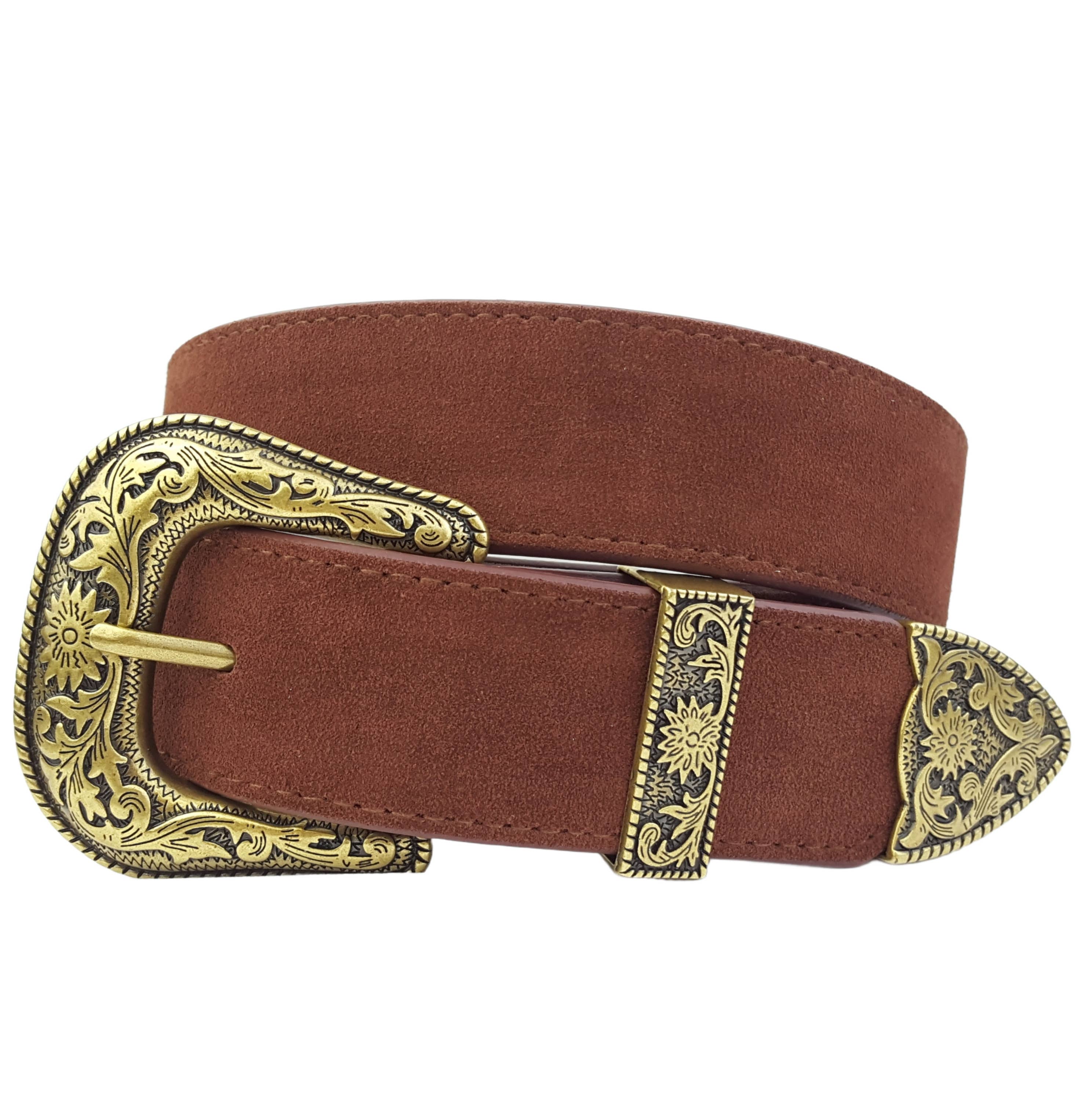 Axesoria West – Cinto - Mulher por atacado – Cinto de Camurça Genuína com Fivela Ocidental Dourada2