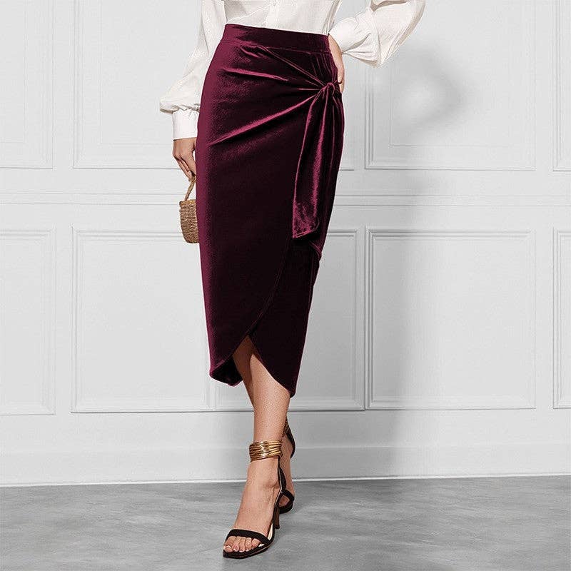 Burgundy Solid Twist Split Velvet Skirt for wholesale on Faire0