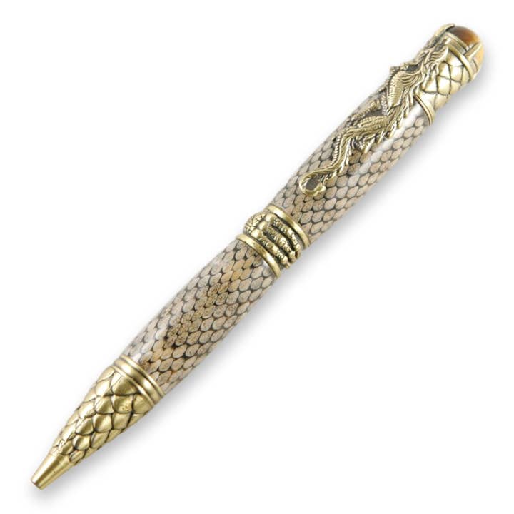 Genuine Rattlesnake Skin Dragon Antique Brass Twist Pen for wholesale by Woodnotch