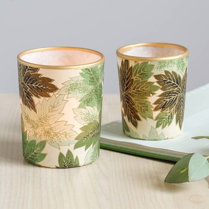 Middelgrote theelichthouder, groene bladeren voor wholesale door LILI'S LOFT