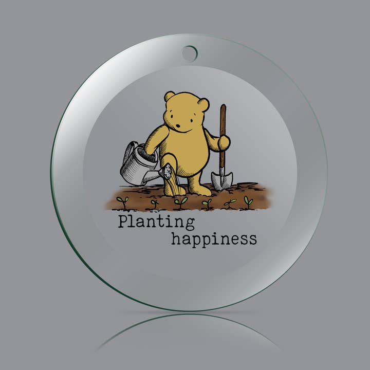 Clear Planting Happiness - Winnie the Pooh 4" Round Glass Ornament for wholesale on Faire