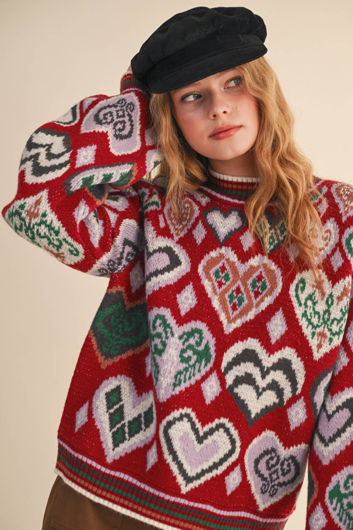 &MERCI - Wholesale Knit Sweater - Women's - HEART PATTERN PULLOVER SWEATER MSW1091349