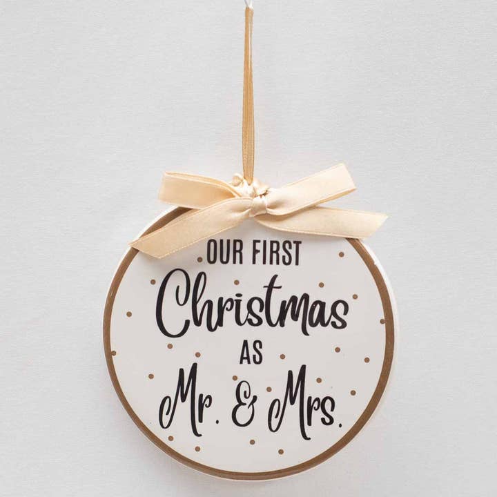 Our First Christmas As Mr & Mrs Ornament White/Gold/Black 4" for wholesale by The Royal Standard