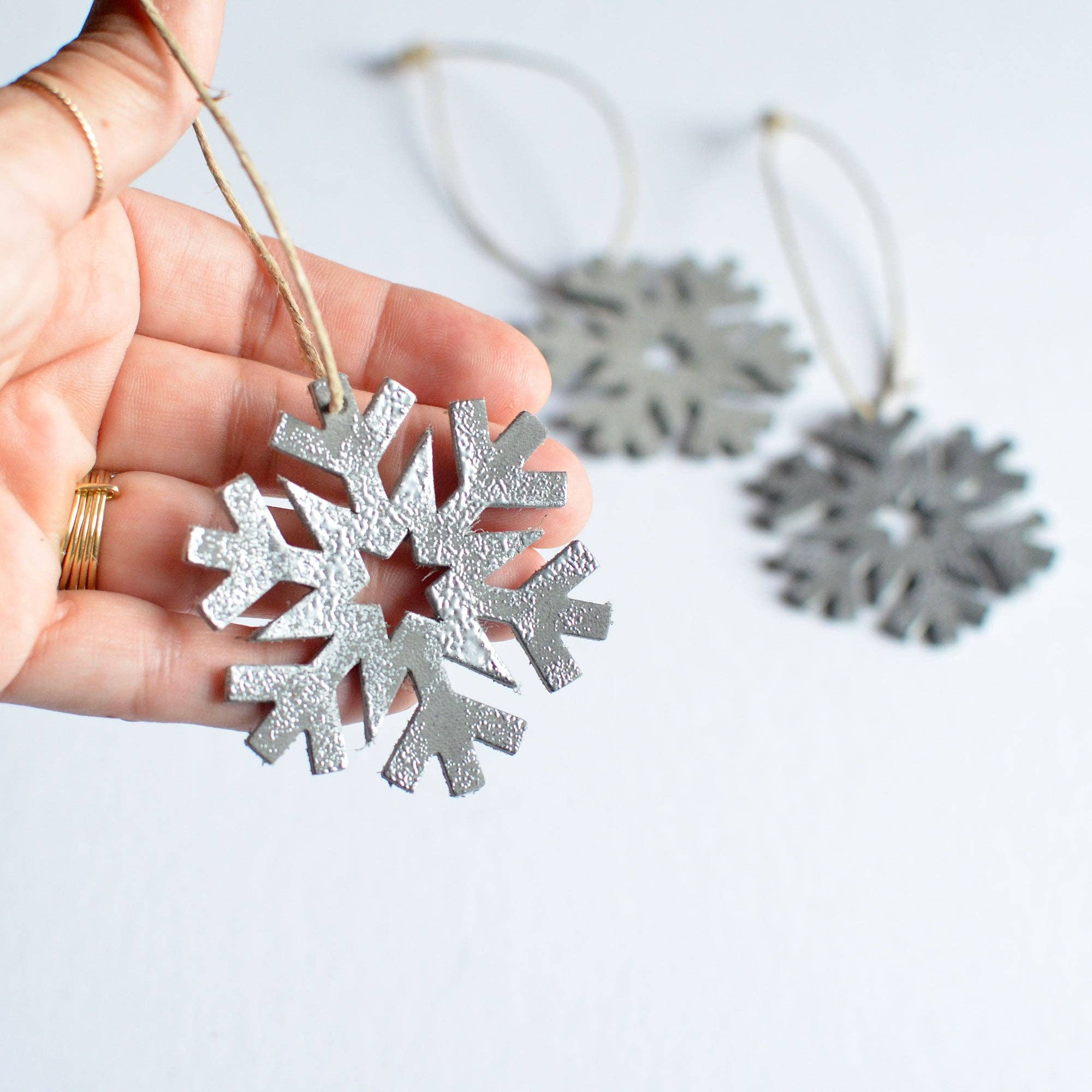 Moss Bags - Wholesale Ornament Set - Leather Snowflake Ornament Box Set: 4 Leather Snowflake Ornaments + 1 Christmas Card9