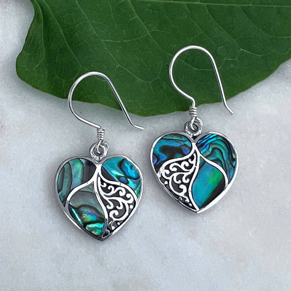 Women's Peace Collection - Wholesale Dangle Earrings - Abalone Heart Earrings - Sterling Silver, Indonesia