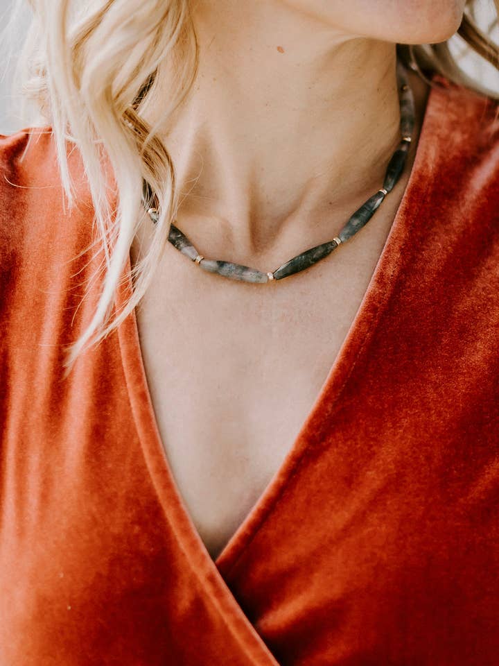Genevieve Moss Agate Necklace for wholesale by Narrative Jewelry