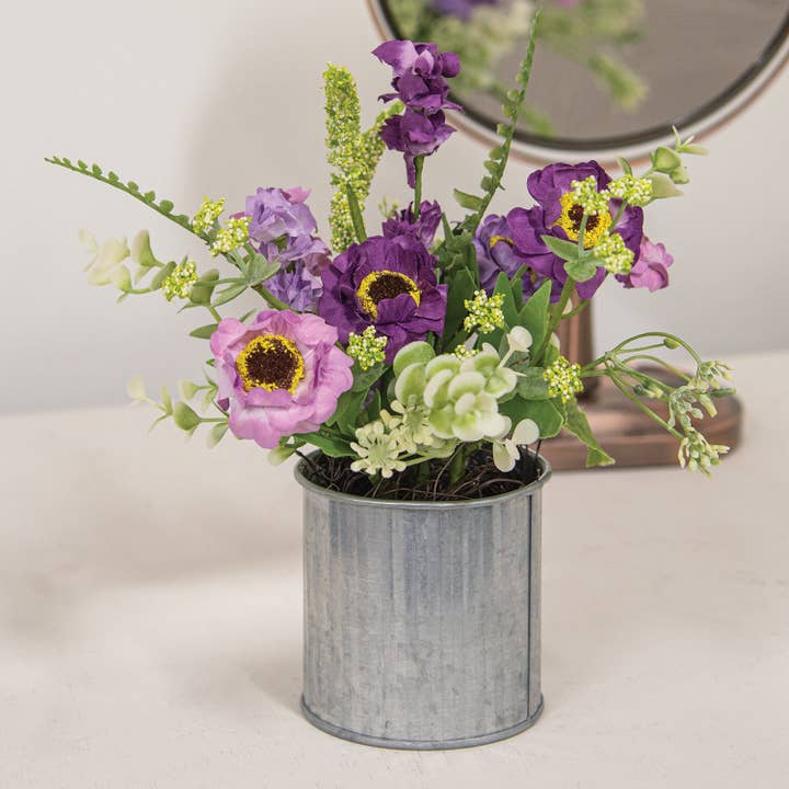 Saybrook Lane - Wholesale Artificial Flowers - Lavender Zinnia & Wildflowers in Metal Pot - 8.5"H