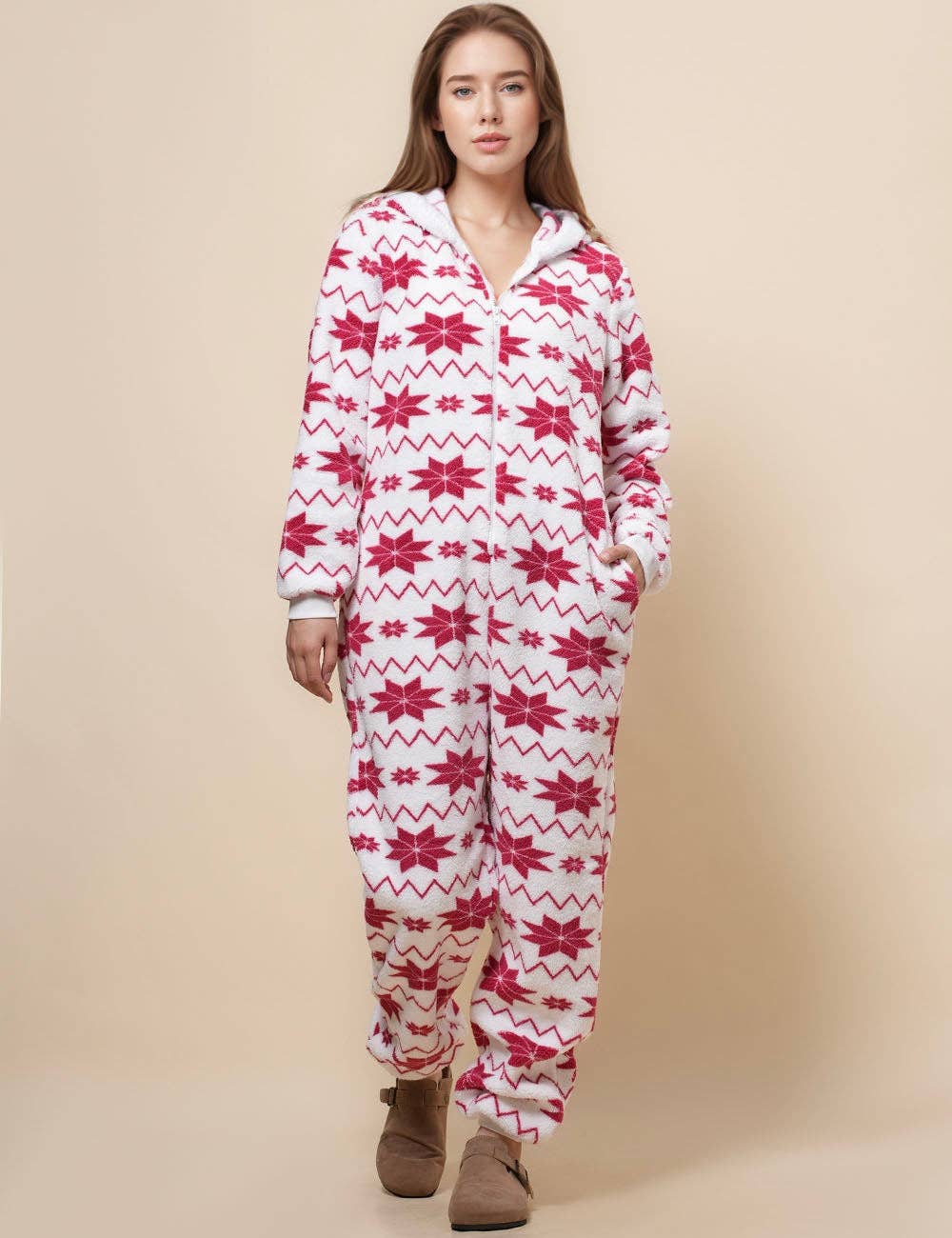 White Ladies Snow Color Block Fleece Jumpsuit Hooded Overall SKJ4924 for wholesale on Faire8