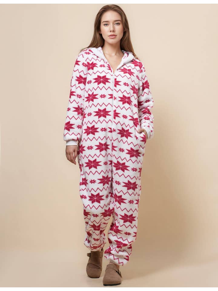 White Ladies Snow Color Block Fleece Jumpsuit Hooded Overall SKJ4924 for wholesale on Faire8