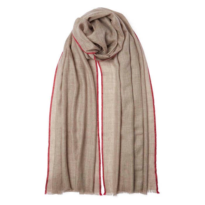 Somerville Scarves – wholesale Scarf – Women's – Natural brown hand woven pashmina with red selvedge edge