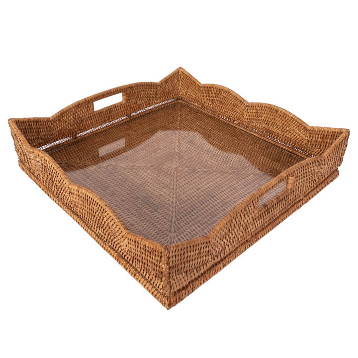 Artifacts Trading Company - Wholesale Decorative Tray - Rattan Scallop Square Tray with Glass Insert6