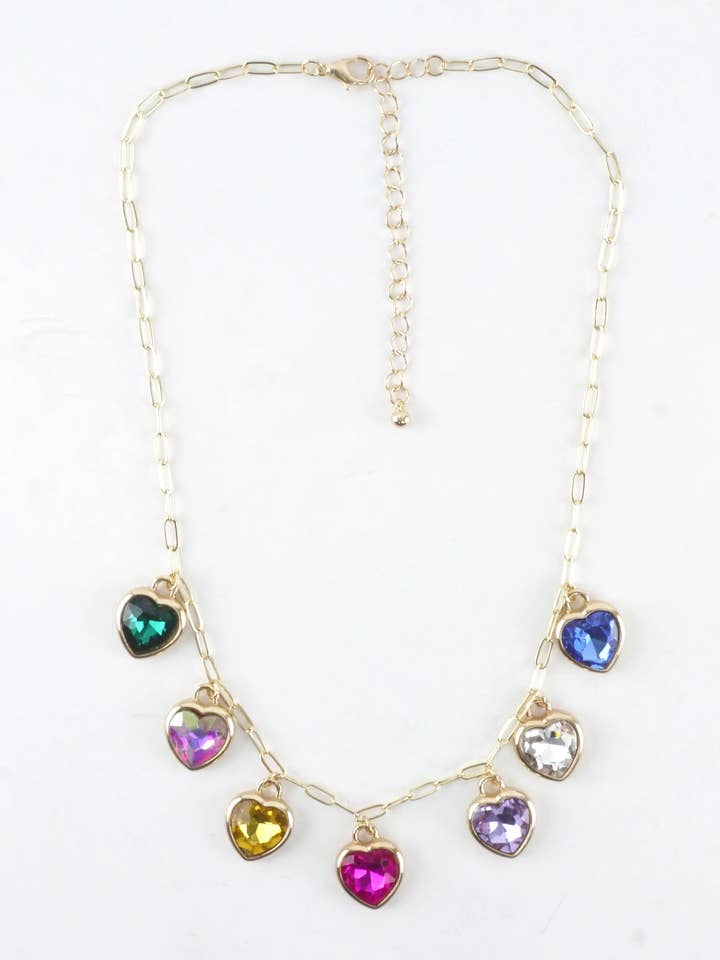 Multi Color Crystal Heart Charm Paperclip Necklace for wholesale by Wild Honey