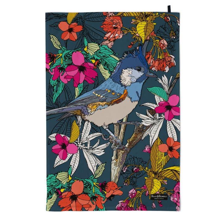 Tea Towel - UK Made - Garden Birds Coal Tit - Organic Cotton for wholesale by Bean and Bemble