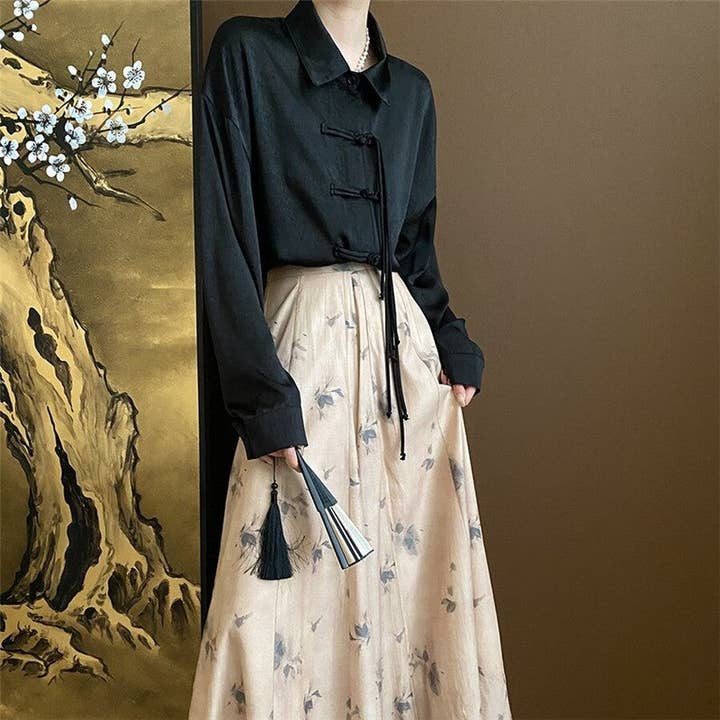 BLACK Satin Jacquard Shirt With Chinese Tassel Button for wholesale on Faire1