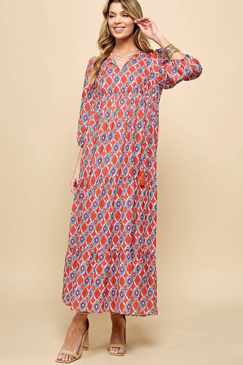 Cezele - Wholesale Dress - Women's - 3/4 Lantern Sleeve Print Boho Maxi Dress22