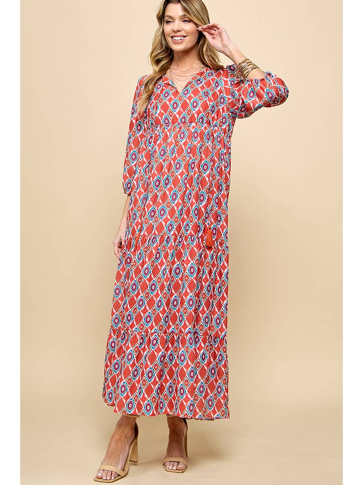 Cezele - Wholesale Dress - Women's - 3/4 Lantern Sleeve Print Boho Maxi Dress22