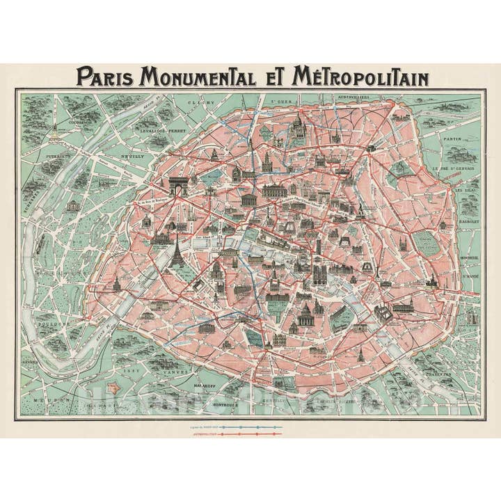 Historic Map : Robelin Map Of Paris, France WMonuments, 1932 for wholesale by Historic Pictoric