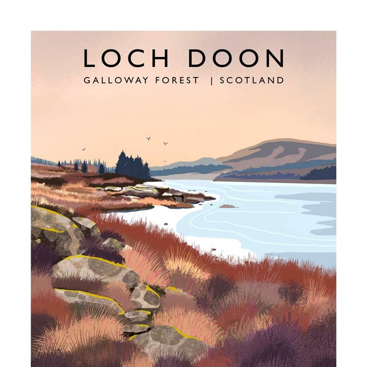 Loch Doon, Travel Poster, Scottish Landscape, Galloway Forest, Wall Art, Home Office Art, Quality Giclee Art Print signed by the Artist for wholesale by Galloway Arts