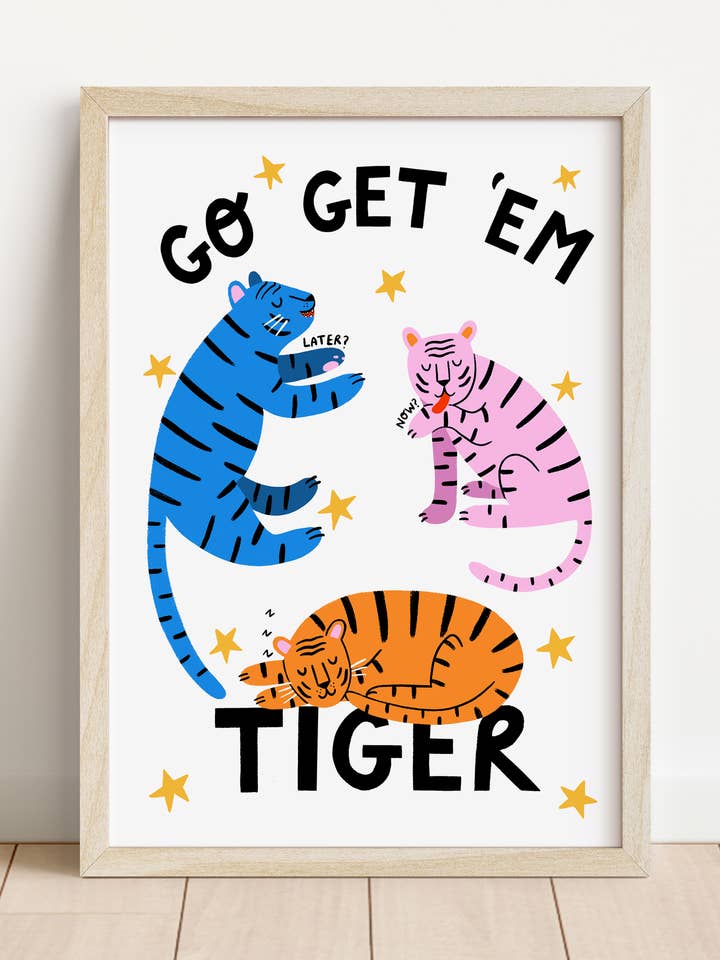 SALE Go Get 'Em Tiger –Heavyweight Tiger Art Print for wholesale by Nat Ellis Illustration