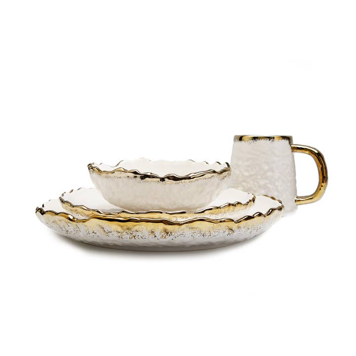 CLASSIC TOUCH DECOR INC. - Wholesale Dinnerware Set - 4 Piece White Dinner Set Speckled Gold Design