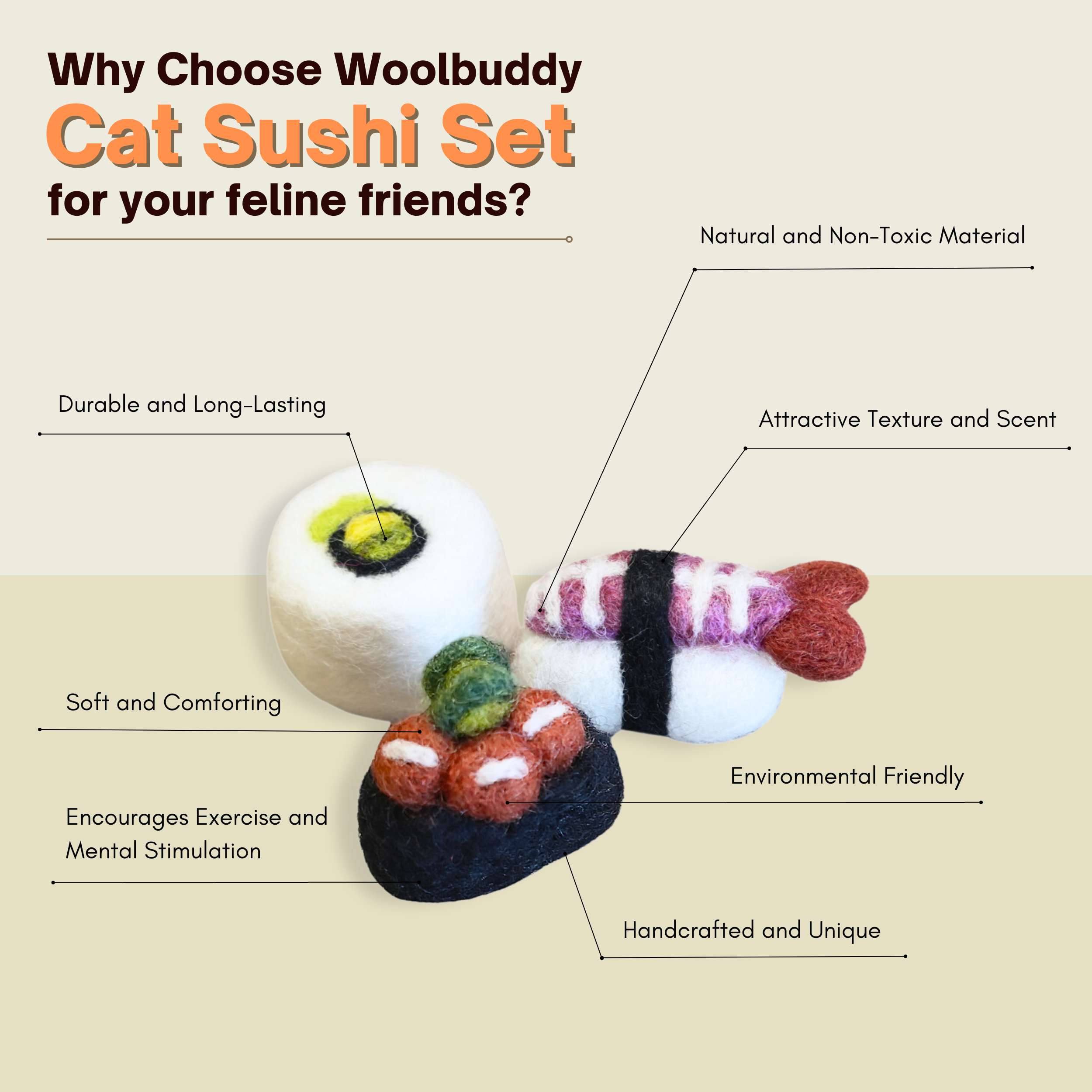 Woolbuddy - Wholesale Pet Toy - Cat - Handmade Wool Needle Felted Cat Sushi Toy4