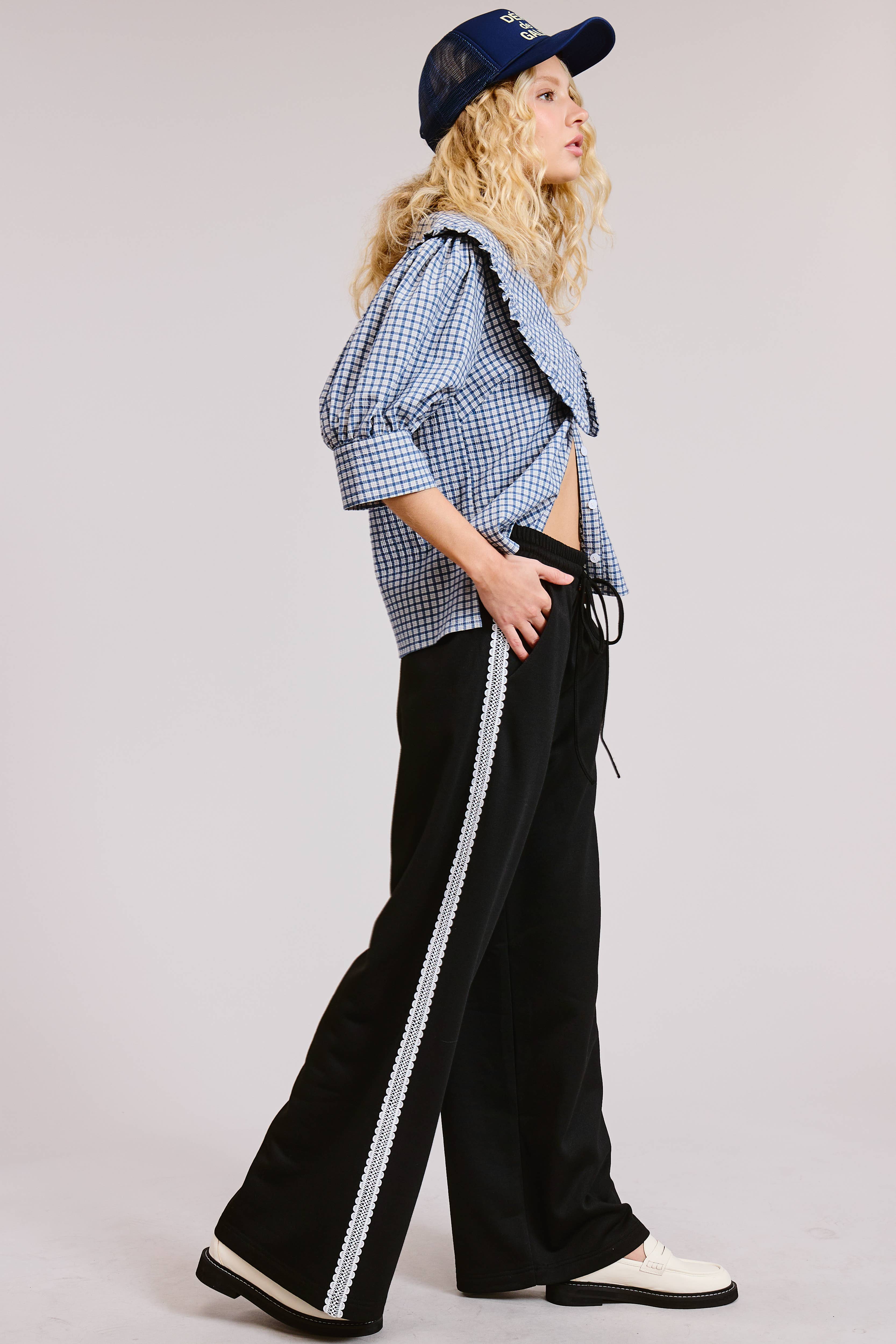 Black Lace Trim Wide Leg Track Pants with Drawstring Waist for wholesale on Faire13