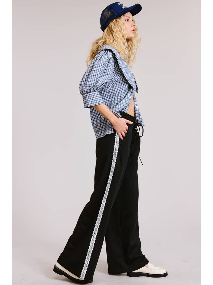 Black Lace Trim Wide Leg Track Pants with Drawstring Waist for wholesale on Faire13