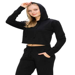 Wholesale Fashion Solid Color Long Sleeve Crop Top Hoodies for