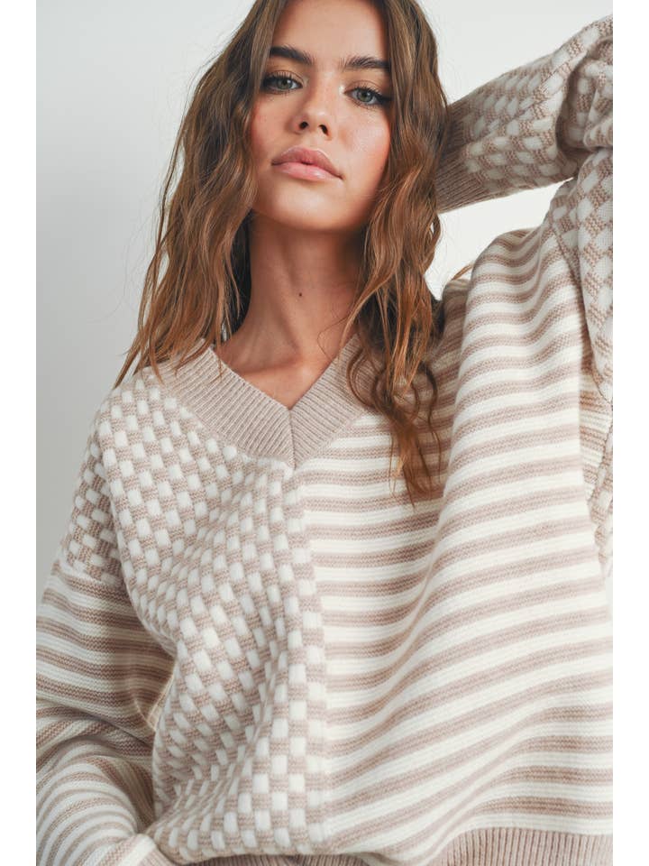 BUTTERMELON - Wholesale Knit Sweater - Women's - Frenchy Checker Pattern Drop Shoulder Sweater - BMW7311