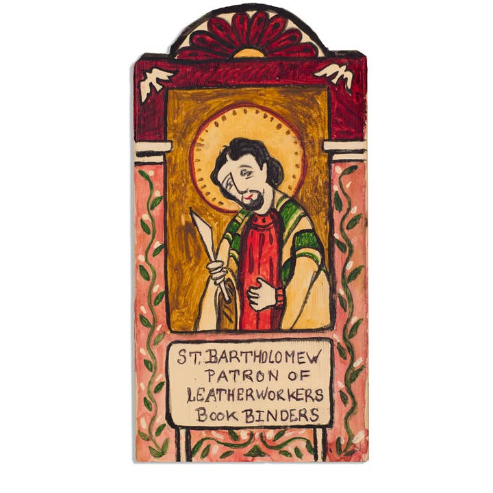 St. Bartholomew Patron of Leatherworkers and Bookbinders for wholesale by Lynn Garlick Retablos