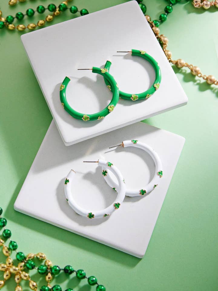 Round Enamel Shamrock Saint Patricks Hoop Earrings for wholesale by Designature New York