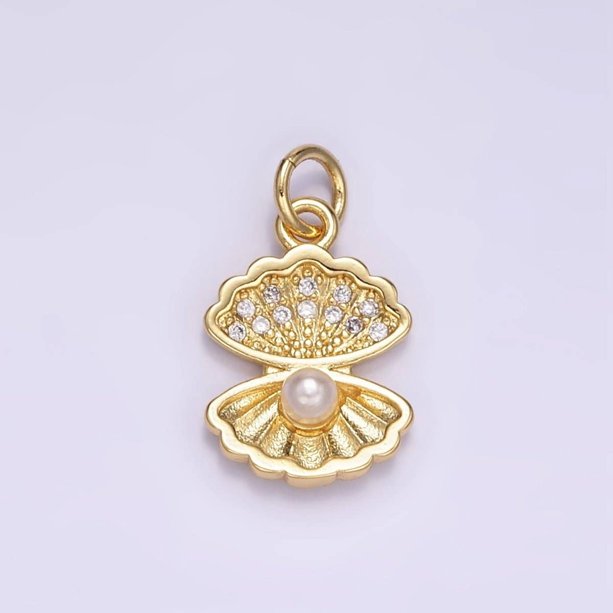Aim Eternal - Wholesale Individual Charm/Pendant - 24K Gold Filled Pearl Micro Paved CZ Clam Sea Shell Charm | M1280