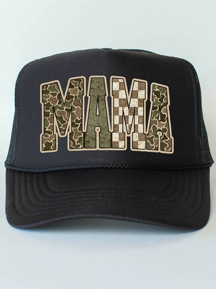Camo Checkered Mama Otto Black Foam Front Trucker Hat for wholesale by Wholesale Accessory Market