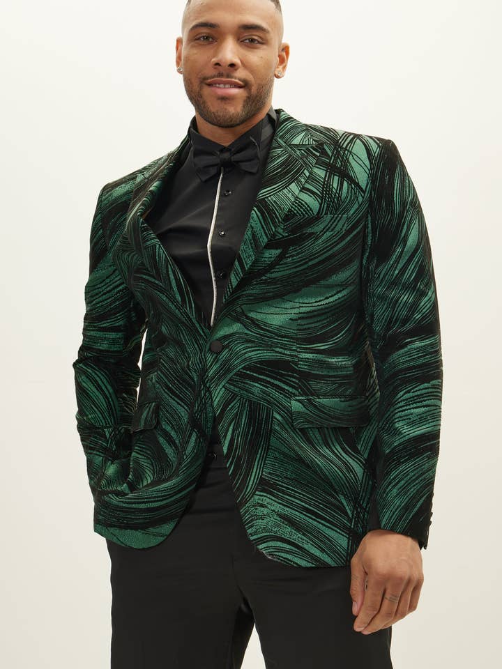 Men's Cascading Peak Lapel Tuxedo Jacket - Green for wholesale by Ron Tomson