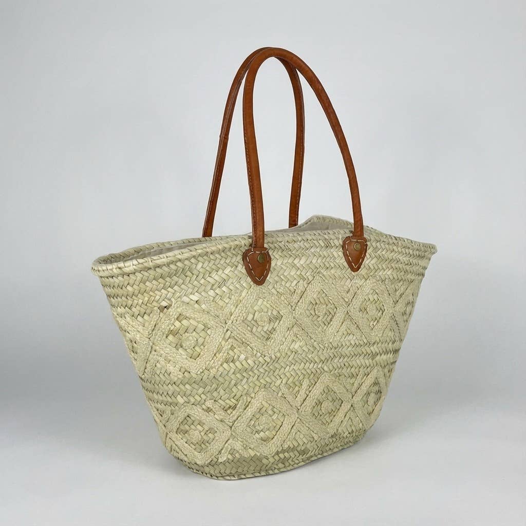 Melecraft - Vente Paniers - Cabas de marché en paille brodé d'arabesques avec poignées en cuir10