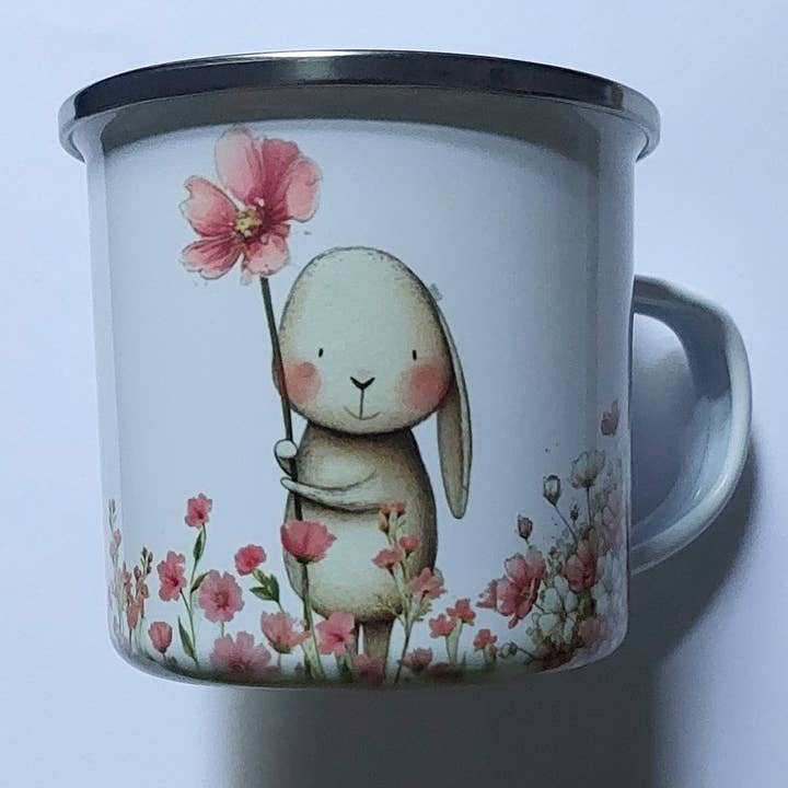 Enamel mug Rabbits in Spring for wholesale by Meisie Berlin