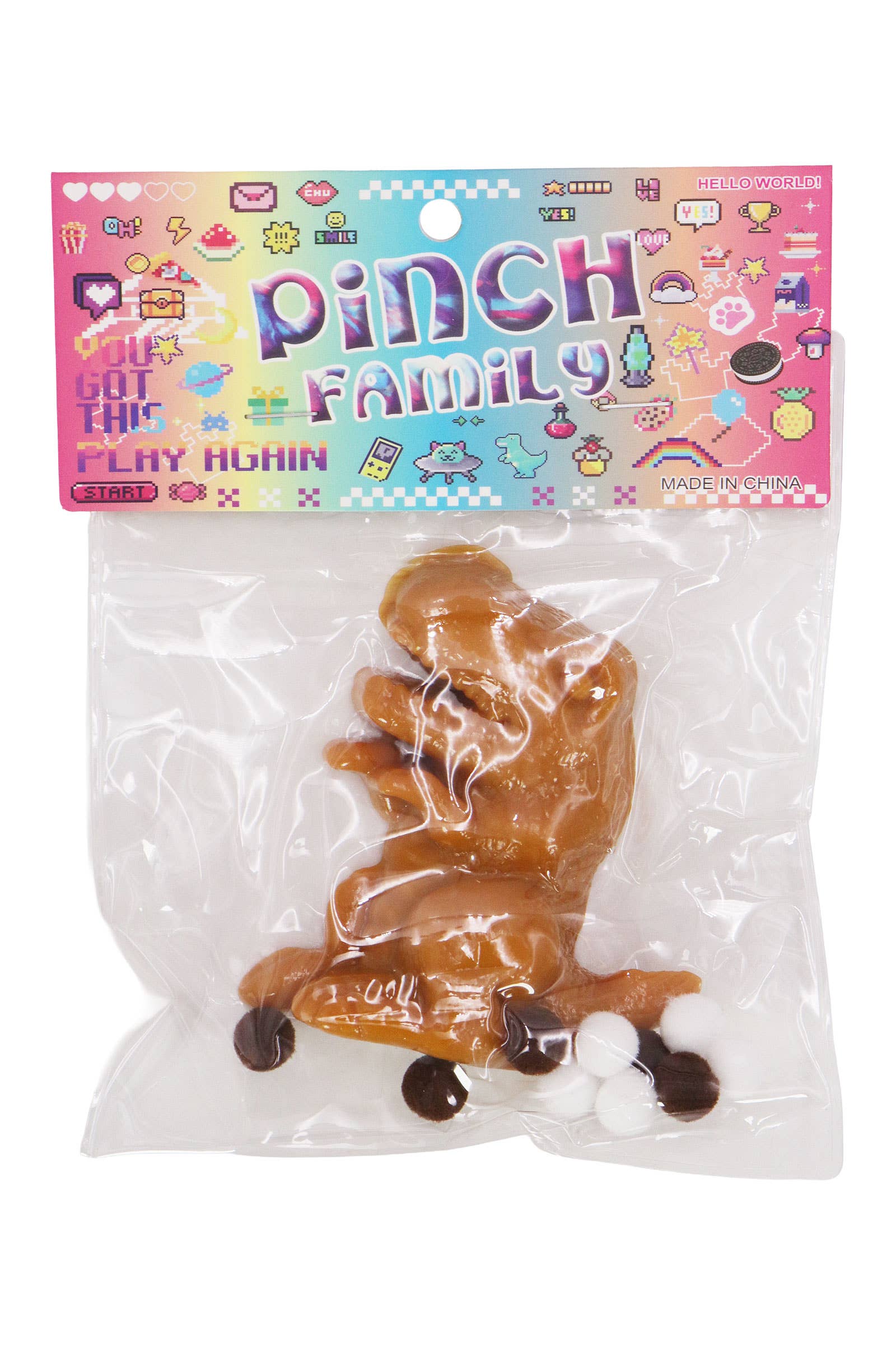 ASSORTED T-rex Dinosaur Sticky Mochi Pom Pom Squishy Bag for wholesale on Faire6