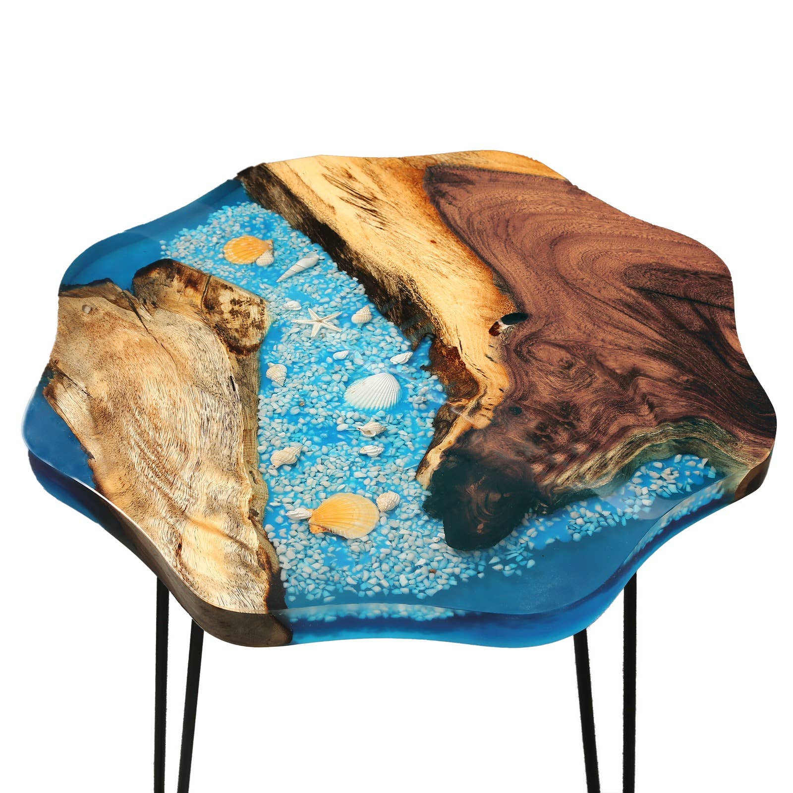 Tuzech Leather – wholesale Sidobord – Bord i naturlig kant med epoxiharts och valnötsträ, 20-tums hairpin-ben7