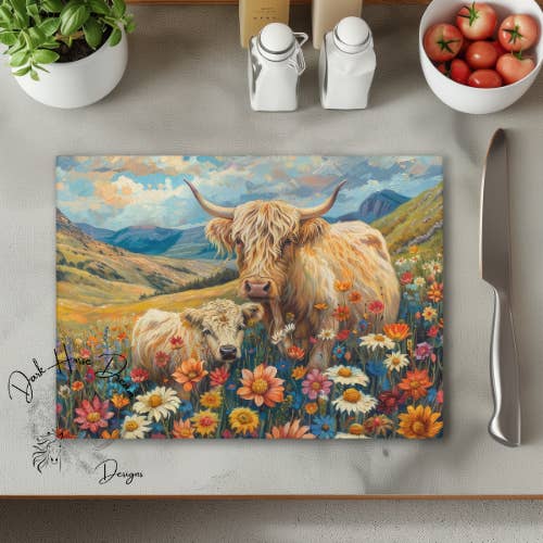 Dark Horse Dream Designs LLC - Wholesale Cutting Board - Mom and Baby Highland Cow in Garden - Glass Cutting Board