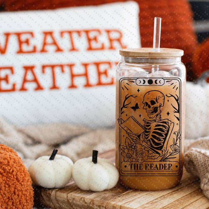 Sayers & Co. – wholesale Drinking glass/cup – Funny Tarot Card Iced Coffee Glass Can, Tarot Card Coffee Cup, Gift For Coffee Lover, Gift For Her, Glass can with bamboo lid and straw19