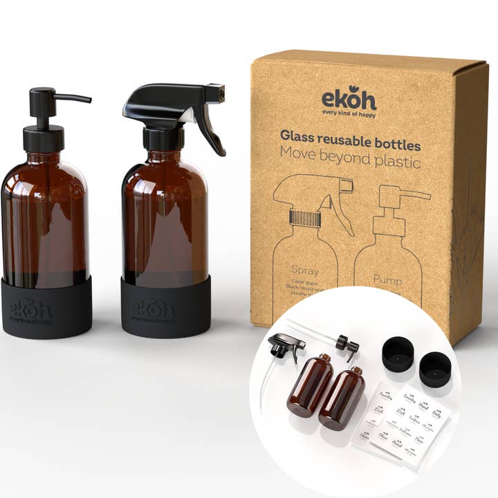 Amber Glass Soap Dispenser 2 Pack Soap Dispenser Set 16oz ea for wholesale by EKOH