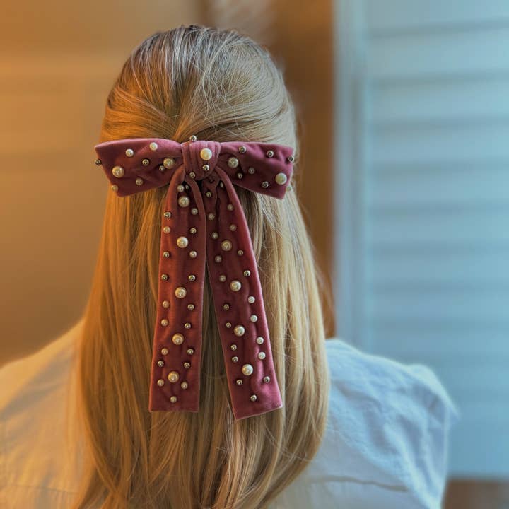 Ellison+Young - Wholesale Hair Clip - Women's - Pearl Throwed Velvet Bow Hair Clip